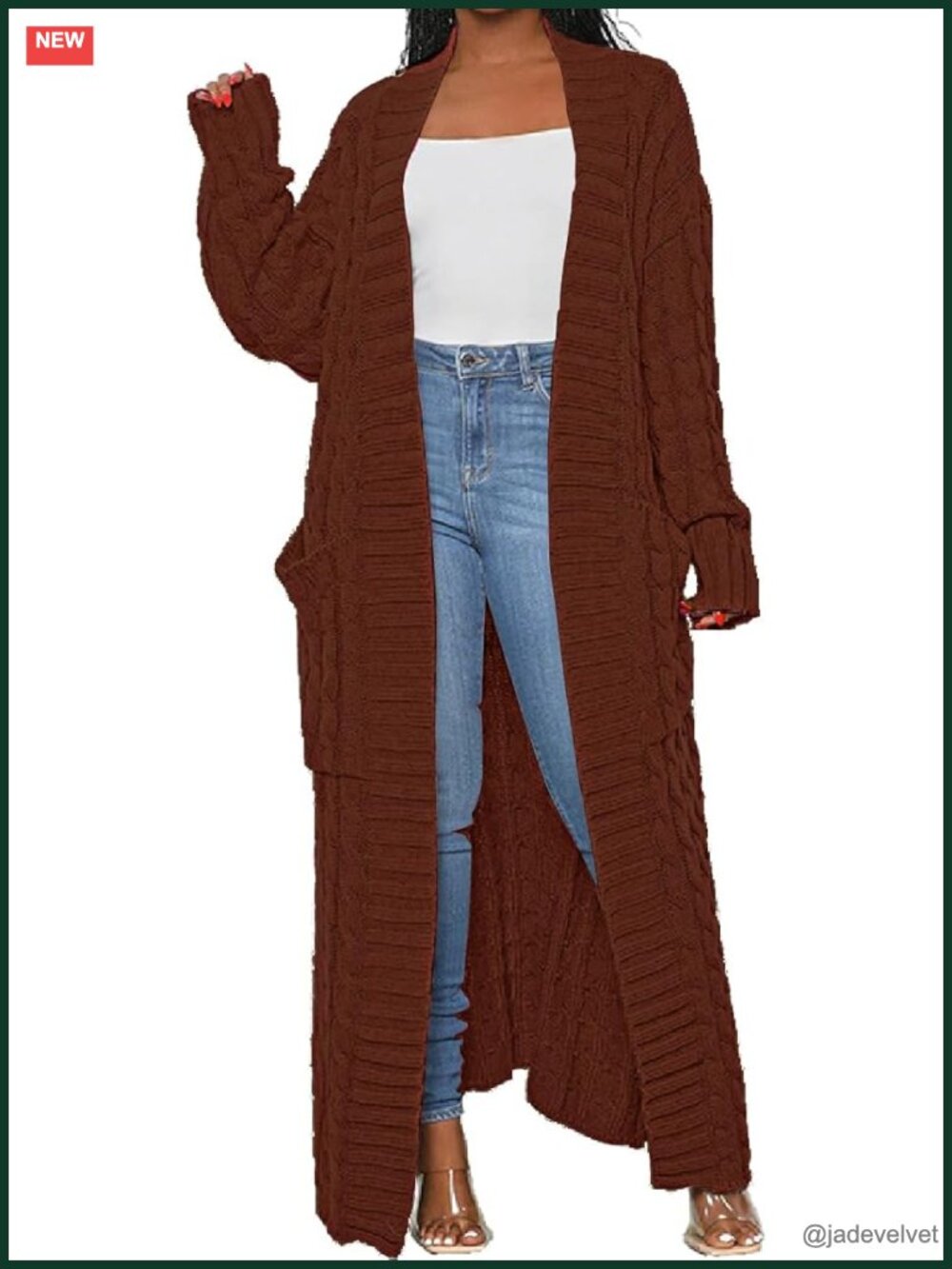Women's Thin Type Cable Knit Cardigan with Pockets, Extra Long Maxi Length